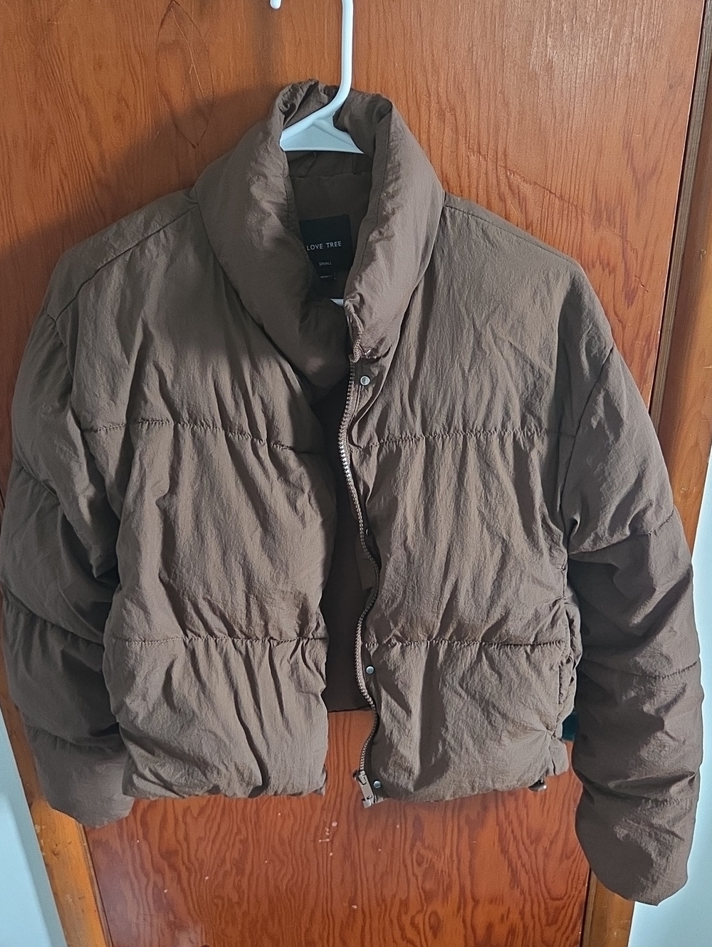 Love Tree Brown Quilted Cropped Jacket Size S Puffer Coat High Collar